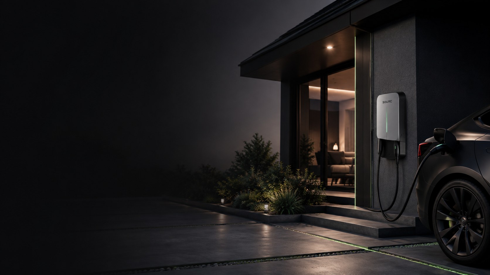 Home EV charge point installed beside a driveway, charging a car