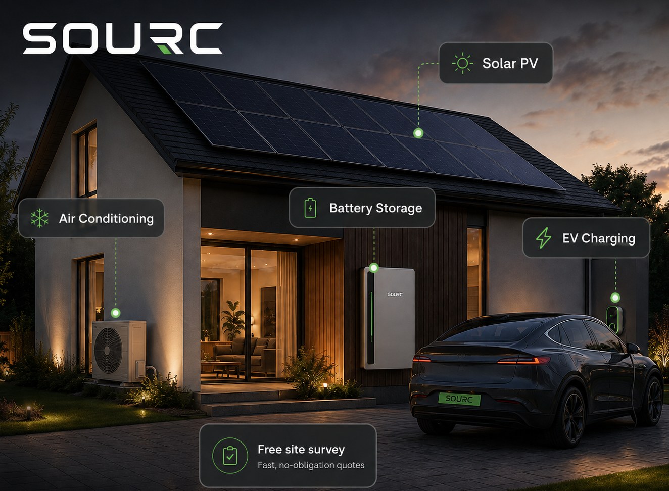 A home fitted with SOURC solar panels, battery storage, air conditioning and an EV charge point