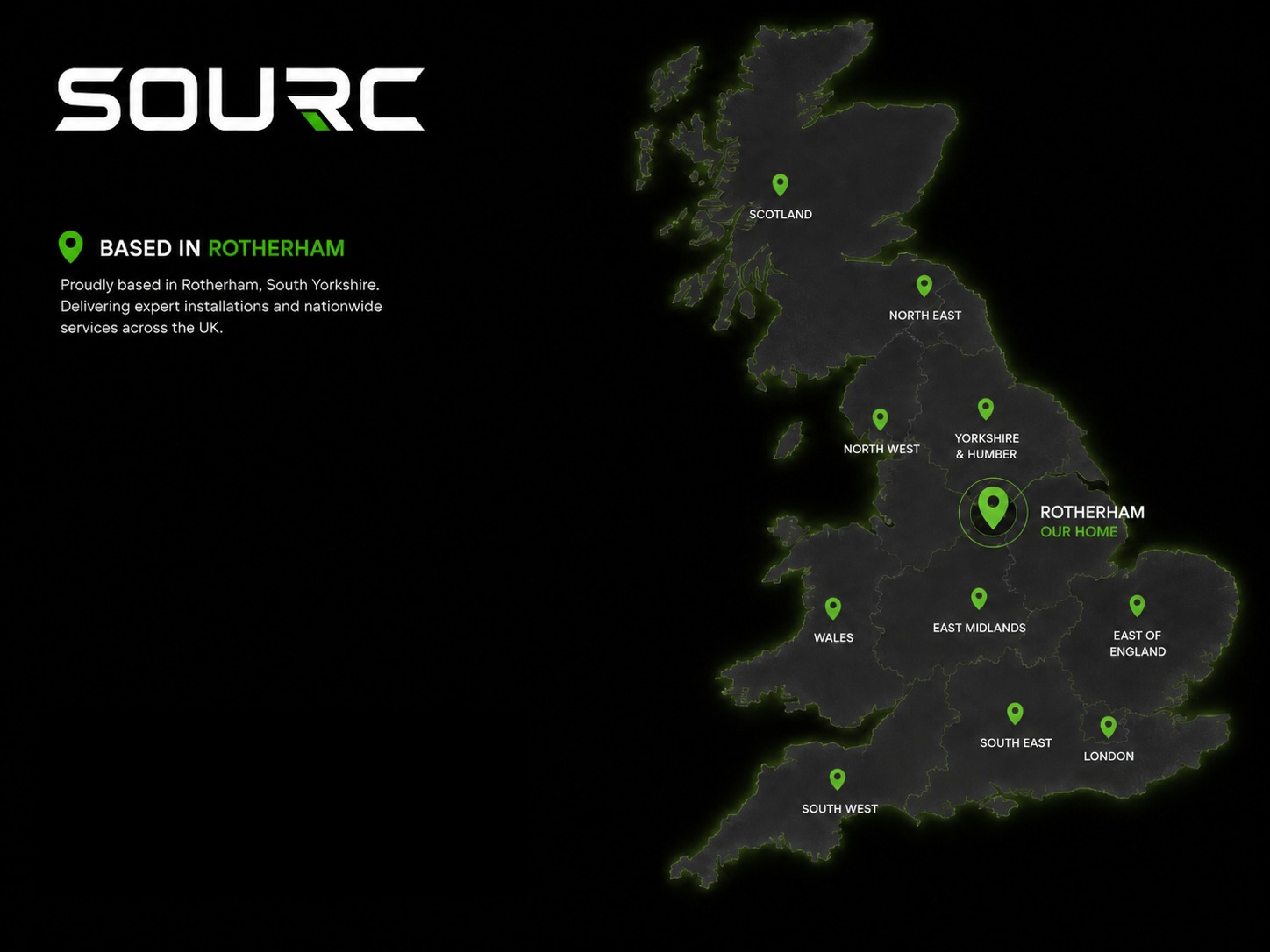 Map of the UK showing SOURC based in Rotherham, with installations carried out across the country
